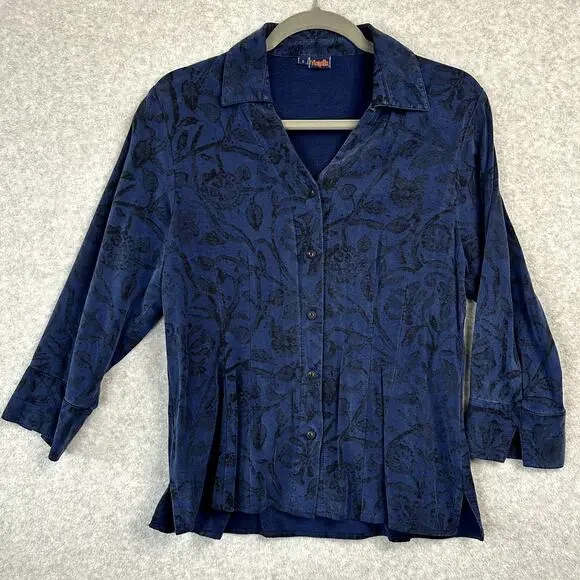 Tianello Steve Barraza Button Down Blouse Womens Size S Floral Blue Black Tencel - Picture 1 of 12